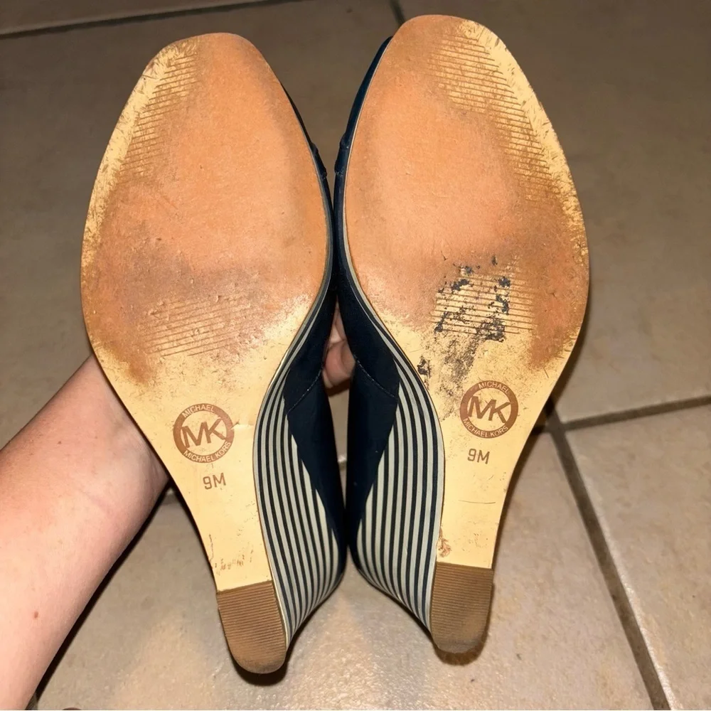 Michael Kors Rochelle Navy Blue Leather Peep Toe Striped Wedge Heel